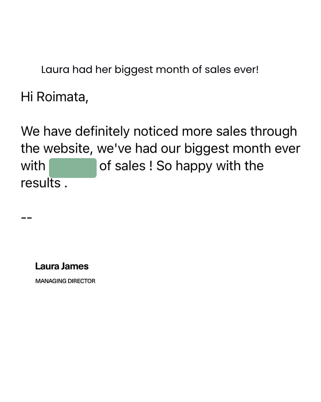 Laura James biggest month of sales ever